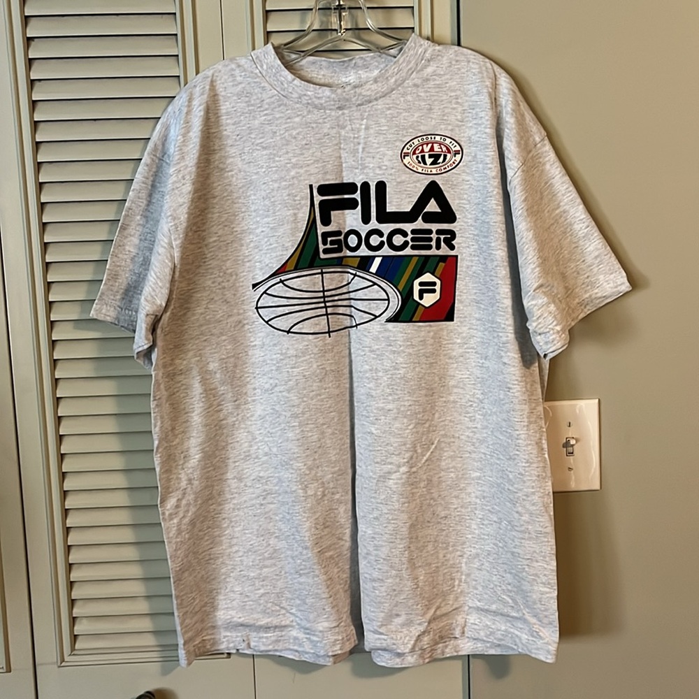 Vintage Fila Gray Soccer Tee with Colorful Graphic